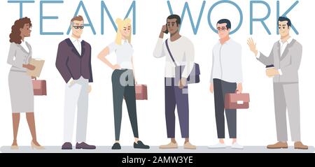 Teamwork skills flat vector banner template. Multiracial businessmen, colleagues, partners cooperation cartoon characters. Office workers, employees h Stock Vector