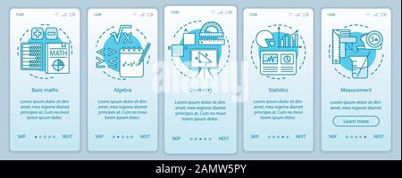 Learning maths course, educational tool onboarding mobile app page screen vector template. Walkthrough website five steps with linear illustrations. U Stock Vector