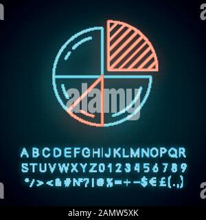 Pie chart neon light icon. Circle divided into parts. Diagram. Circular statistical graphic. Data visualization. Glowing sign with alphabet, numbers a Stock Vector