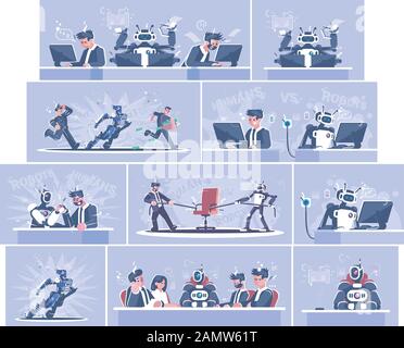 Human vs robot workers flat vector illustration. Humanoid and manager ...