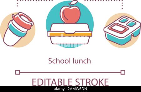School lunch concept icon. Meal, snacks for pupils, students during break. Lunch box, red apple, disposable plastic cup thin line illustration. Vector Stock Vector