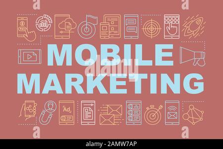 Mobile marketing word concepts banner. Digital marketing strategy. Target audience reaching. Presentation, website. Isolated lettering typography idea Stock Vector