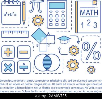 Basic maths lessons article page vector template.Mathematics, algebra. Brochure, magazine, booklet design element with linear icons and text boxes. Pr Stock Vector