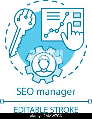 SEO manager turquoise concept icon. Digital marketing specialty idea thin line illustration. Search engine optimization. SEO strategy, website content Stock Vector