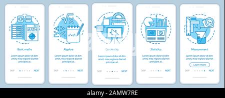 Learning maths course, educational tool onboarding mobile app page screen vector template. Walkthrough website five steps with linear illustrations. U Stock Vector