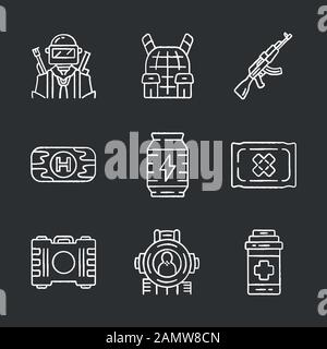 Online game inventory chalk icons set. Esports, cybersports. Soldier, body armor, weapon. First aid kit, energy drink, bandage, painkiller, shooting a Stock Vector