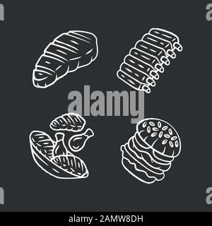Meat dishes chalk icons set. Steak, beef ribs, chicken legs, burger. Fast food. Butcher shop product. Restaurant, grill bar, steakhouse menu. Isolated Stock Vector