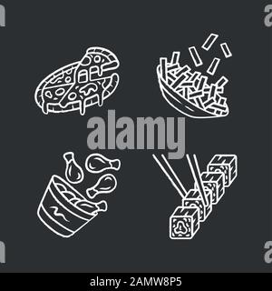 Fast food chalk icons set. Pizza, french fries, chicken drumsticks, sushi. Italian, american and asian cuisine. Fat dishes. Restaurant, cafe menu. Iso Stock Vector
