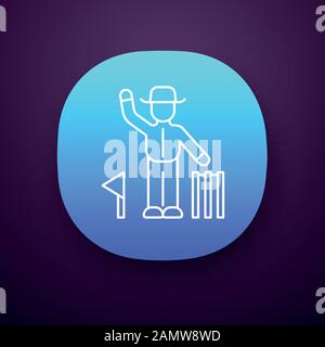 Cricket judge app icon. Umpire signals decision. Arbitrator follow game. Man in uniform, flag, wicket. Sport competition. UI/UX user interface. Web or Stock Vector