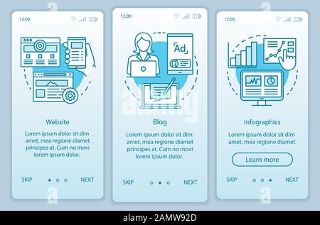 Channels for SEO turquoise onboarding mobile app page screen vector template. Marketing. Website, blog walkthrough website steps with linear illustrat Stock Vector