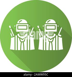 Game soldiers flat design long shadow glyph icon. Virtual video game, esports team. Shooter from first person. Online multiplayer. Warriors, players w Stock Vector