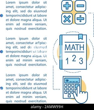 Basic maths calculations article page vector template. Mathematics Brochure, magazine, booklet design element with linear icons and text boxes. Print Stock Vector