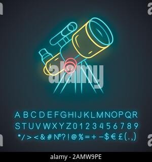 Telescope neon light icon. Moon, planets exploration. Spyglass on tripod. Astronomy, astrophysics, astrology. Glowing sign with alphabet, numbers and Stock Vector