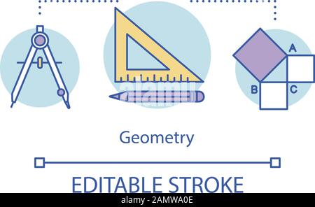 Geometry lessons, studies, courses concept icon. Geometrical tools, triangle ruler, mathematical problem idea thin line illustration. Vector isolated Stock Vector