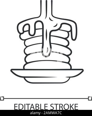 Pancakes with syrup linear icon. American breakfast. Homemade dessert. Pancake stack with honey. Cafe menu. Thin line illustration. Contour symbol. Ve Stock Vector