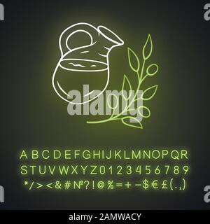 Herbal ice tea jar neon light icon. Summer natural refreshing drink. Glowing sign with alphabet, numbers and symbols. Water, juice with mint. Glass ju Stock Vector