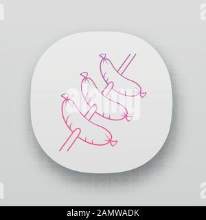 Sausages grilling on skewer app icon. Butcher shop meat food products. Unhealthy nutrition, fast food. Meat cookery. UI/UX user interface. Web or mobi Stock Vector