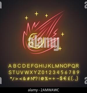 Comet neon light icon. Falling star. Meteor, asteroid. Bright celestial object. Fireball. Atmospheric meteorite. Glowing sign with alphabet, numbers a Stock Vector
