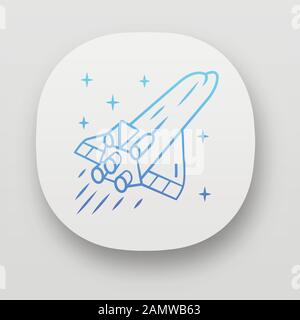 Spaceship app icon. Flying spacecraft. Aerospace vehicle. Missile, aircraft. Human spaceflight. Space exploration. UI/UX user interface. Web or mobile Stock Vector