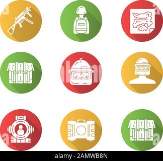 Online game inventory flat design long shadow glyph icons set. Weapon, tactical backpack, map, package. Protective helmet, shooting aim, container. Sh Stock Vector
