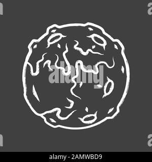 Moon chalk icon. Earth satellite. Fantastic planet with volcanoes. Spherical space object. Solar system body. Astronomical observations. Space explora Stock Vector