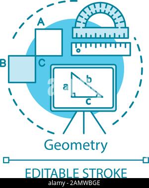 Learning geometry, school supplies concept icon. Geometrical shapes, calculating angles, mathematical problem idea thin line illustration. Vector isol Stock Vector