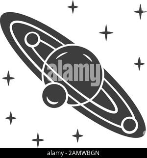 Solar system glyph icon. Celestial bodies orbiting star. Sun planetary system. Planet, three satellites. Astronomy. Space exploration. Silhouette symb Stock Vector