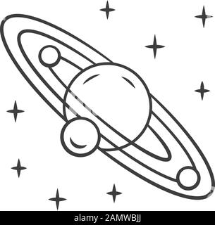 Solar system linear icon. Celestial bodies orbiting star. Sun planetary system. Planet and three satellites. Thin line illustration. Contour symbol. V Stock Vector
