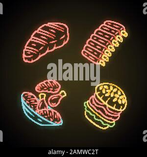 Meat dishes neon light icons set. Steak, beef ribs, chicken legs, burger. Fast food. Butcher shop product. Restaurant, grill bar, steakhouse menu. Glo Stock Vector