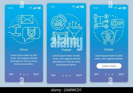 Inbound marketing method for customers blue onboarding mobile app page screen vector template. Engage walkthrough website steps with linear illustrati Stock Vector