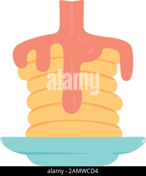 Pancakes with syrup flat design long shadow color icon. Traditional american breakfast. Homemade dessert. Sweet tasty pancake stack with honey. Restau Stock Vector