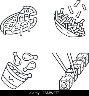 Fast food linear icons set. Pizza, french fries, chicken drumsticks, sushi. Fat dishes. Restaurant, cafe menu. Thin line contour symbols. Isolated vec Stock Vector