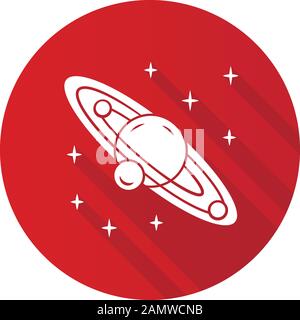 Solar system flat design long shadow glyph icon. Celestial bodies orbiting star. Sun planetary system. Planet and three satellites. Space exploration. Stock Vector