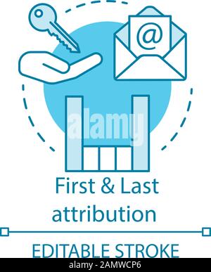 First and Last attribution turquoise concept icon. Attribution modeling types idea thin line illustration. Digital marketing channel. Conversion model Stock Vector