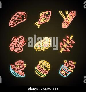 Restaurant menu neon light icons set. Fast food, italian and mediterranean cuisine. Pizza, lobster, steak, burger, sushi, sausages, chicken legs. Glow Stock Vector