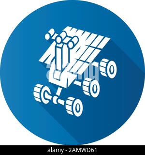Space robot flat design long shadow glyph icon. Moon rover. Moonwalker. Self-propelled machine on remote control. Apparatus for studying planets surfa Stock Vector