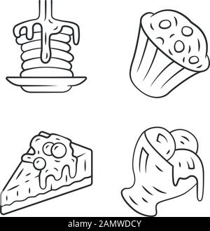Desserts linear icons set. Pancakes, muffin, cheesecake, ice cream. Confectionery menu. Sweet food, confection dishes. Thin line contour symbols. Isol Stock Vector
