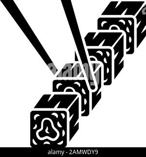 Sushi set with chopsticks glyph icon. Traditional japanese food, seafood. Asian cuisine. Restaurant menu. Spring rolls, appetizers. Silhouette symbol. Stock Vector