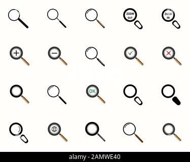 A large set of diverse magnifying glass. Stock Vector
