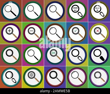 A large set of diverse magnifying glass. Stock Vector