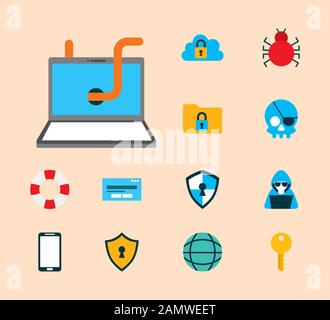 bundle of cyber security set icons Stock Vector