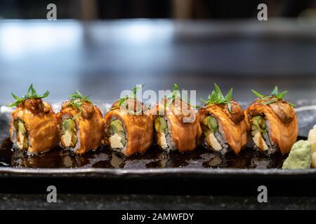 Salmon Foie gras roll, Fusion Japanese Cuisine food. Stock Photo