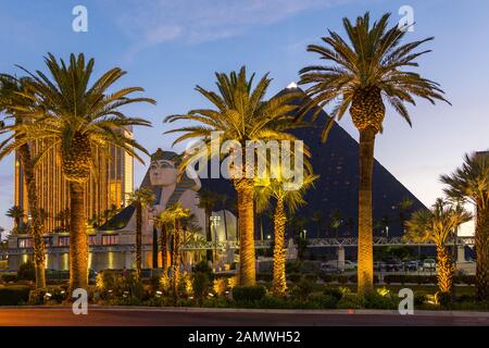 Las Vegas, Nevada, USA- 01 June 2015: View of the Luxor Hotel and Cassino. Sphinx statue and palms in front. Night illuminations. Stock Photo