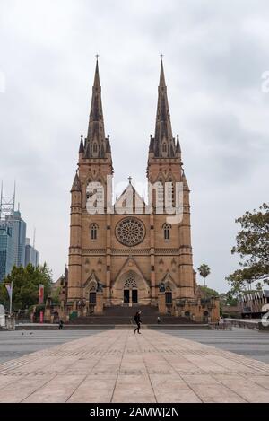 St Mary's Cathedral is built of Pyrmont sandstone in a Gothic Revival style with a bell tower located over the crossing of the nave and the transepts Stock Photo