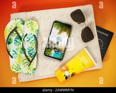 Slippers,sun screen tube, smartphone and sunglasses standing on beach towel. 3D illustration. Stock Photo