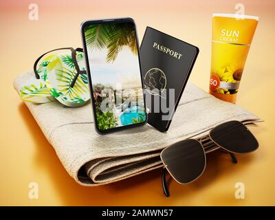 Slippers,sun screen tube, smartphone and sunglasses standing on beach towel. 3D illustration. Stock Photo