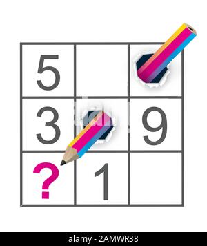 Sudoku Puzzle grid and Crazy Pencil. Colorful Pencil ripped paper with sudoku. Vector available. Stock Vector