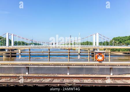 London, UK - June 27, 2018: Rail train from London Victoria Station railroad view from bridge on skyline and tracks Stock Photo