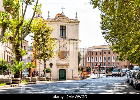 Rome, Italy - September 4, 2018: Italian street in historic city with San Gregorio della Divina Pieta church on Piazza di Monte Savello and Gerusalemm Stock Photo