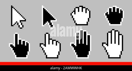 Black and white arrow pixel and pixel mouse hand cursors icon vector illustration set flat style design isolated on white background. Stock Vector